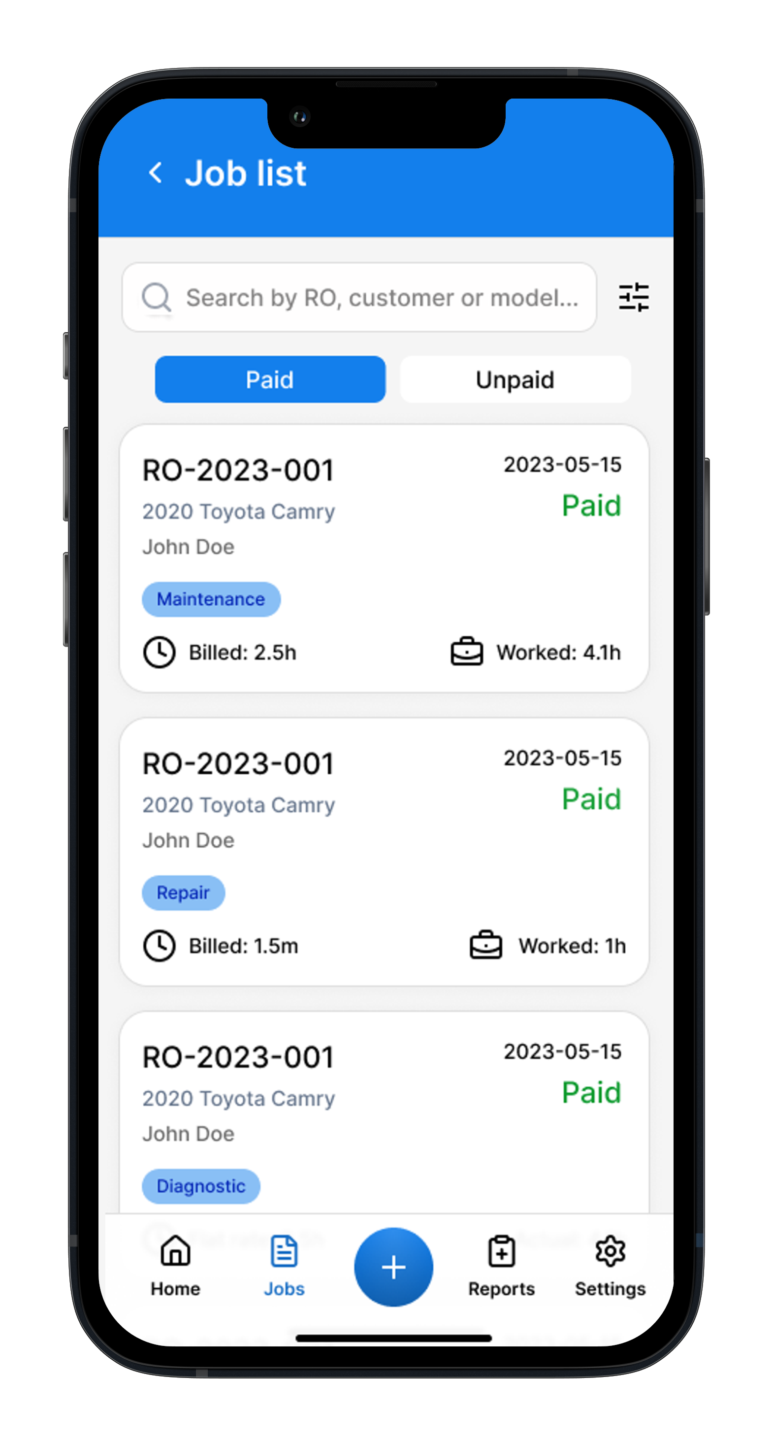 Job list screen with timers